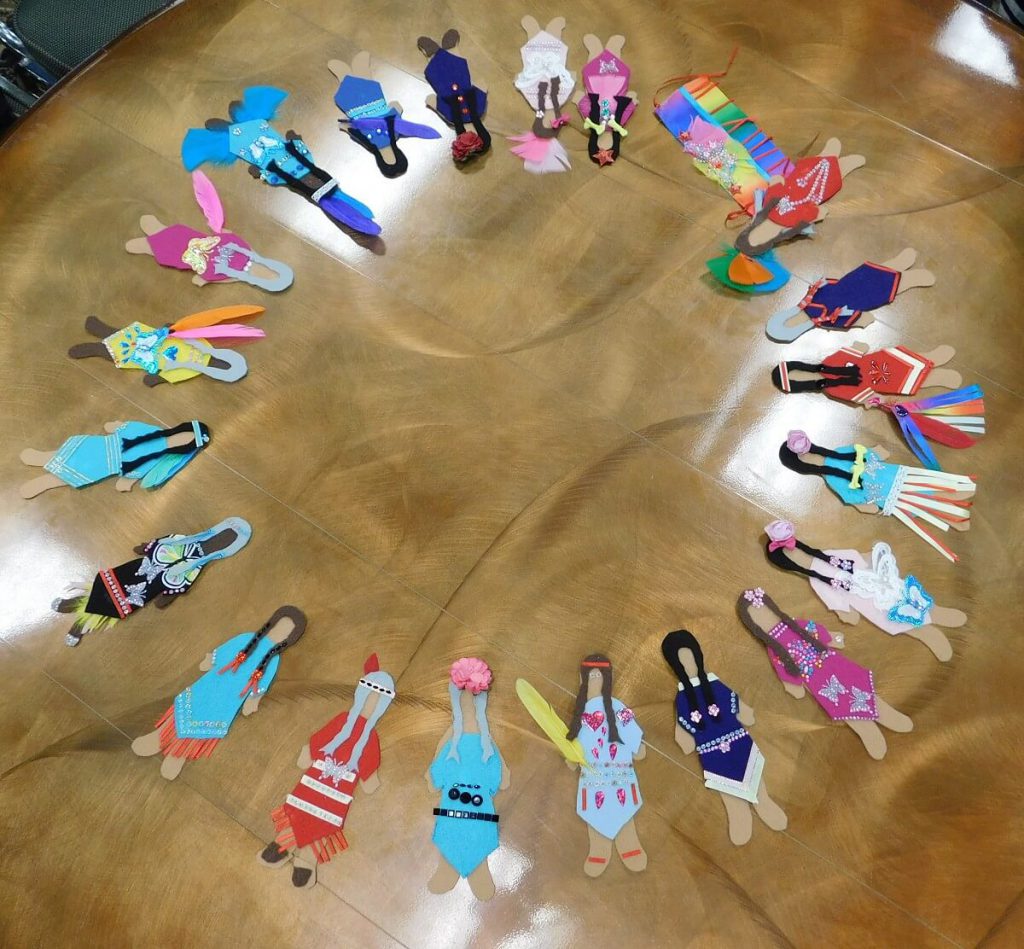 a variety of hand-made felt dolls in a circle