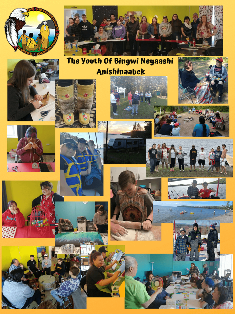 BNA left top corner. "The Youth of Bingwi Neyaashi Anishinaabek" with a collage of images on a yellow gradient background